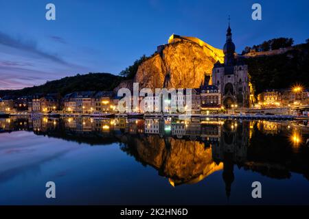 Night view of Dinant town, Belgium Stock Photo