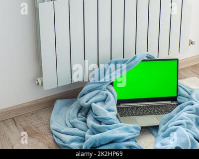 Laptop near the battery. Expensive energy resources, energy crisis in Europe. Freelance, online education, work. Mockup image of computer with green s Stock Photo