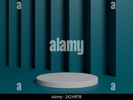 Simple, Minimal 3D Render Composition with One White Cylinder Podium or Stand on Abstract Teal Background for Product Display Stock Photo