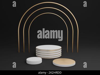 Black, dark gray, black and white 3D rendering simple product display cylinder podiums with luxury gold arch and lines three stands minimal background abstract composition Stock Photo