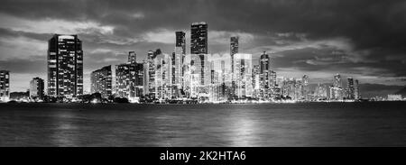 Black and white Miami skyline evening panoramic view Stock Photo