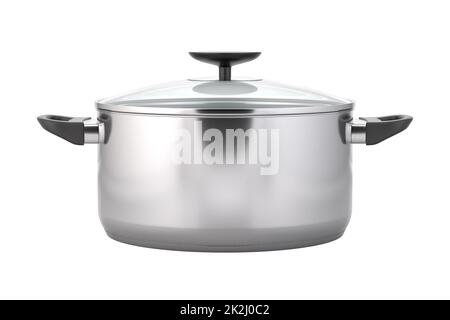 Black stainless steel cooking pot with glass lid isolated on white ...