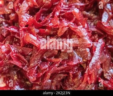 Close-up Texture of red grated beetroot, food background Stock Photo
