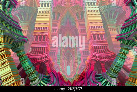 Abstract Computer generated Fractal design. 3D Aliens Illustration of a Beautiful infinite mathematical mandelbrot set fractal rainbow castle. Stock Photo