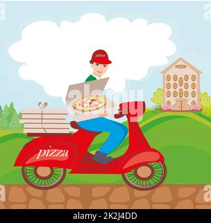 pizza delivery man on a motorcycle Stock Photo