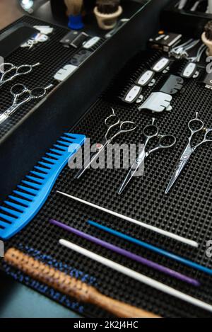 the tools of a Barber on the desktop Stock Photo