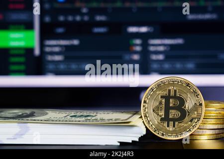 Bitcoins coins and banknotes on keyboard compute Stock Photo