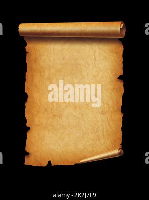 Old mediaeval paper sheet. Parchment scroll isolated on black Stock Photo