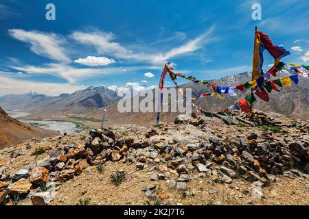 Buddhist prayer flags lungta in Spiti Valley, India Stock Photo