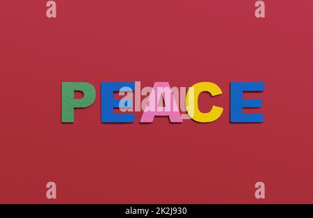 Peace, word written in colorful wooden alphabet letters on red background. The concept of a terrible war Stock Photo