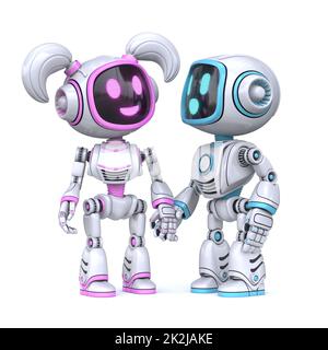 Cute pink girl and blue boy robots holding hands 3D Stock Photo