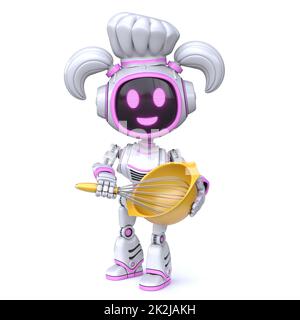 Cute pink girl robot with cooking hat 3D Stock Photo