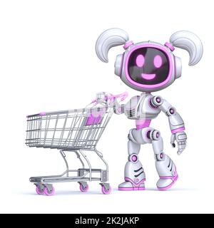 Cute pink girl robot push empty shopping cart 3D Stock Photo
