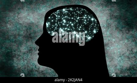 Portrait of Woman silhouette with Brain Connections Of Neurons Stock Photo