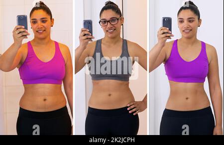 Young woman before and after slimming on color background. Stages of weight  loss Stock Photo - Alamy
