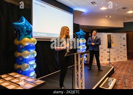 Tamworth, UK. Thursday 22 September 2022. Winners are announced at the UK Theme Park Awards 2022 with Alton Towers, Thorpe Park, Drayton Manor, Blackpool Pleasure Beach and many other attractions being awarded. Theme Park Of The Year Gold going to Alton Towers. Credit: Thomas Faull/Alamy Live News Stock Photo