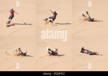 Knocked down in the dunes. Composite shot of a young man sandboarding in the desert. Stock Photo