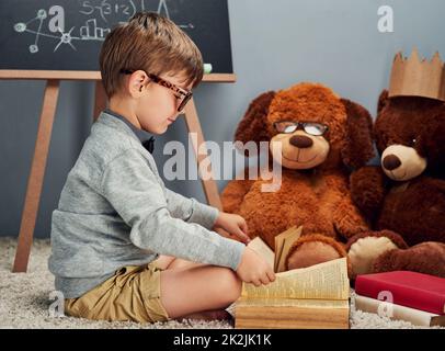 Teacher in training. Studio shot of a smart little boy reading a book to his teddy bears against a gray background. Stock Photo