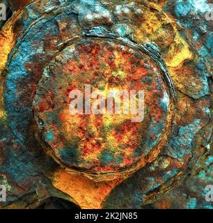 The beauty of rust. Artistic shot of an old, rusty-colored metal nut and bolt. Stock Photo