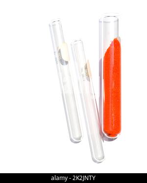 Closeup chemical ingredient on white laboratory table. Potassium Ferricyanide in test tube. Stock Photo