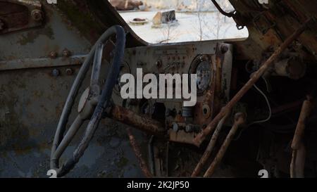 Interior view of BTR-152 Transporter, a six-wheeled Soviet armored personnel carrier used as target for shooting by Israeli Army. Stock Photo