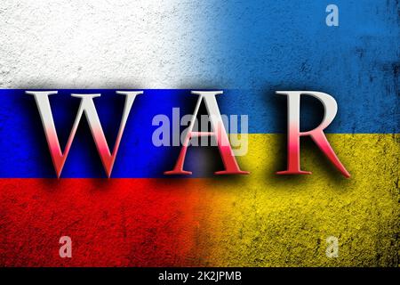 war message on Dirty Ukraine flag with Russian flag. Grunge background Stock Photo