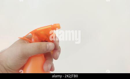 male hand holding flower sprayer with water isolated on white background Stock Photo