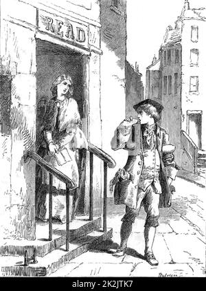 Benjamin Franklin (1706-1790) American printer, Scientist and statesman. Franklin arriving in Philadelphia in 1723 and passing the door of his future father-in-law and seeing Deborah Read who was to be his wife. Engraving, London 1852. Wood engraving. Stock Photo