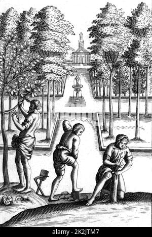 Gardeners at work. The man on the left is using a sharp knife, perhaps to remove a bud for grafting, while the man on the rights is grafting new wood on to the stump of a tree, a procedure often followed when it was necessary to rejuvenate an old tree. Engraving from an 18th century edition of Virgil's 'Georgics'. Stock Photo