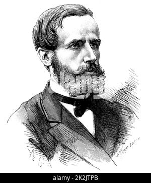 (Raymond) Gaston Plante (1834-1889) French physicist who in 1859 invented the first accumulator or electric storage battery. It was a wet cell with two lead plates immersed in sulphuric acid, the electrolyte. Engraving from 'Les Nouvelles Conquetes de la Science' by Louis Figuier (Paris, 1883). Stock Photo