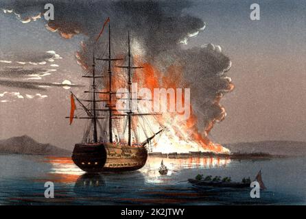 Crimean (Russo-Turkish) War 1853-1856. Burning of the redout at Kale (Canakkale) at the mouth of the Dardanelles (the Hellespont). Hand-coloured lithograph published in Italy 1857. Stock Photo