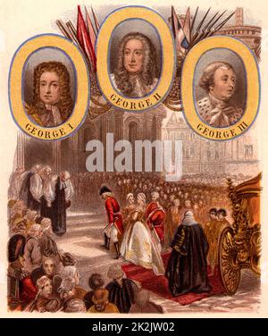 George III (1738-1820) King of Great Britain from 1760. George III and Queen Charlotte arriving on the steps of St Paul's Cathedral, London, to give thanks for the king's recovery from mental illness, 23 April 1789. At top are portraits of George I, George II, and George III. Kronheim chromolithograph c1865. Stock Photo