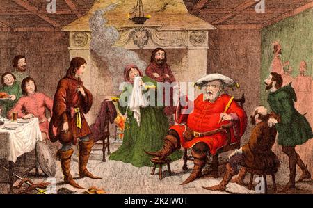 Falstaff, Prince Hal, and their cronies at the Boar's Head Tavern, Eastcheap, Falstaff playing being the King. 'Henry IV Part I' Act II. Scene IV. Illustration of 1856-1858 by George Cruickshank (1792-1878) for 'Henry IV Part I' historical play by William Shakespeare written c1597. Chromolithograph. Stock Photo