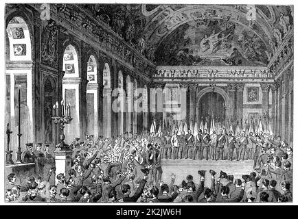 Wilhelm I (1797-1888) King of Prussia from 1861 being proclaimed Emperor of Germany, 1871. After the defeat of France in the Franco-Prussian War of 1870-1871, as a gesture of further humiliation of the French, on 18 January 1871 Wilhlem I was crowned as the first Emperor of Germany in the Hall of Mirrors, Versailles, the palace built by Louis XIV of France. From 'The Graphic'. (London, 1871). Wood engraving. Stock Photo