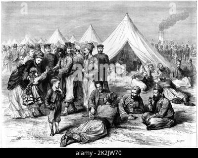 Franco-Prussian War 1870-1871: French prisoner of war camp at Wahn, near Cologne, 1870. The correspondent remarks on the improvement of conditions for prisoners since Waterloo forty years before, due partly to the Geneva Convention of 1864. From 'The Graphic'. (London, 22 October 1870). Wood engraving. France. Germany. Stock Photo
