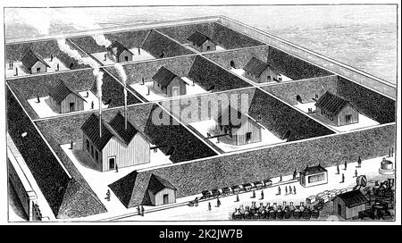 Nitroglycerin processing plant, explosives factory, Val Bormida, near Cengio, North West Italy, 1888. Nitroglycerin mixed with Kieselghur (a diatomaceous earth) to produce Dynamite. Patented by Alfred Nobel in 186. Because of the instablility of the materials used in its production, earth embankments separate each building and surround the whole complex. The roofs of the buildings were not fixed so that in the event of an explosion the blast would travel vertically rather than horizontally. From 'La Nature', Paris, 1888. Engraving. Stock Photo