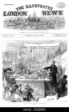 John Tyndall (1820-93) Irish born physicist, lecturing on electromagnetism at the Royal Institution, London. May 1870. Wood engraving Stock Photo
