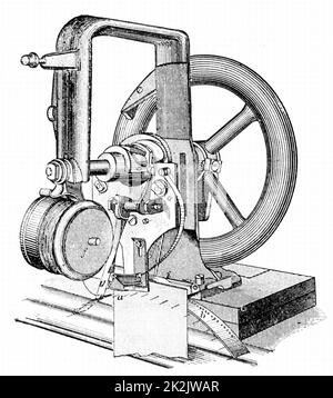 First lockstitch sewing machine, constructed by Elias Howe (1819-1867) American inventor in 1845. Engraving c1880 Stock Photo