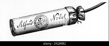 Nobel Explosives Company Limited, Ardeer, Ayrshire. Cartridge packed with Dynamite made at the factory. From 'The Illustrated London News', 16 April 1884 Stock Photo