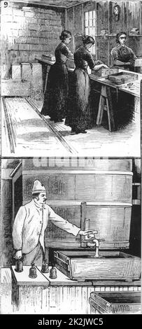 Nobel Explosives Company Limited, Ardeer, Ayrshire. 9: Women packing Dynamite cartridges into boxes. 10: Nitroglycerine washing house. From 'The Illustrated London News', 16 April 1884 Stock Photo