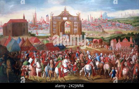 Triumphal Entrance of Alexander Farnese into Brussels', oil on canvas. Beranabe Polo (1560-1600) Spanish painter. Farnese (1545-1592) Duke of Parma, Governor of Spanish Netherlands 1578-1592. Triumphal Arch Tent Horsemen Stock Photo