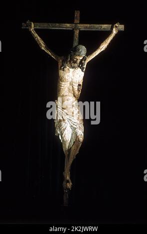Christ on the cross.14th century Crucifix. National Museum of Machado de Castro, Coimbra, Portugal Stock Photo