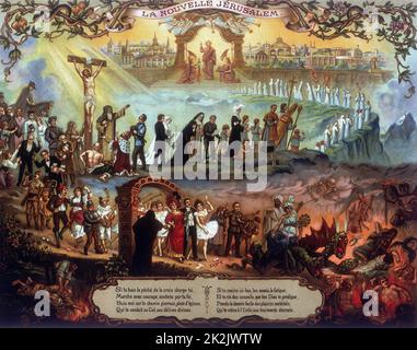 The New Jerusalem. Christ who has redeemed the world through his Crucifixion waits at the entrance to The New Jerusalem to welcome the saved, while those who have ignored his message and sacrifice go down to hell. 19th-20th century popular chromolithograp Stock Photo