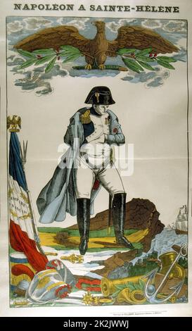 NAPOLEON I (Napoleon Bonaparte 1769-1821) in exile on St Helena. 19th century French popular print. Colour. Stock Photo