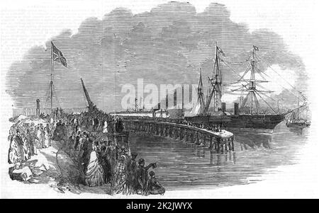 Crimean (Russo-Turkish) War 1853-1856. Grenadier Guards embarking on the steamer 'The Ripon' at Southampton, England, on their way to the Crimean War. From 'The Illustrated London News' (London, 4 March 1854). Transport. Shipping. Military. Troop. Stock Photo