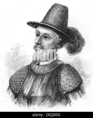 Juan Ponce De Leon (1460-1521) Spanish soldier and public servant who sailed with Columbus on his second voyage. Appointed by the Spanish government fo colonise Puerto Rico. Discovered Florida in April 1513. Late 19th century engraving. Stock Photo