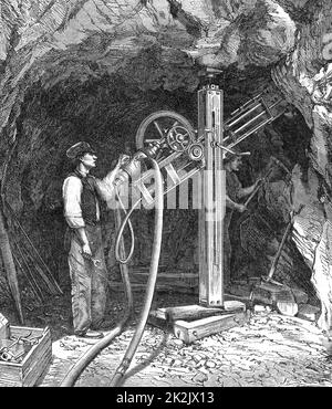 Drilling machine with diamond bit powered by compressed air, invented by the French civil engineer Rudolph Leschot (active 1863) being used to bore the Mont Cenis (Rejus Rail) tunnel connecting France and Italy. Drilling began in August 1857 and the tunnel opened for rail traffic in September 1871. From 'The World of Wonders' (London, c1896). Stock Photo
