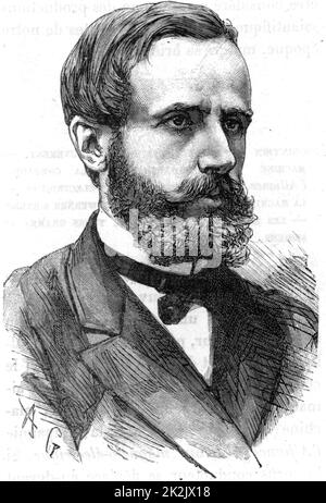 (Raymond) Gaston Plante (1834-1889) French physicist who in 1859 invented the first accumulator or electric storage battery. It was a wet cell with two lead plates immersed in sulphuric acid, the electrolyte. Engraving from 'Les Merveilles de la Science' by Louis Figuier (Paris, c1870). Stock Photo