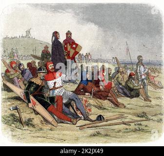 Hundred Years War between England and France. English troops waiting to go into action at the Battle of Crecy, August 1346. Colour-printed wood engraving c1860 Stock Photo