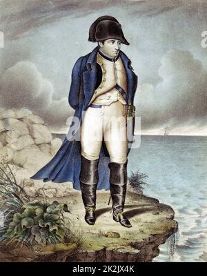 Napoleon I (Napoleon Bonaparte) 1769-1821. Napoleon in exile at St Helena island, ca. 1816. Contemporary aquatint Stock Photo